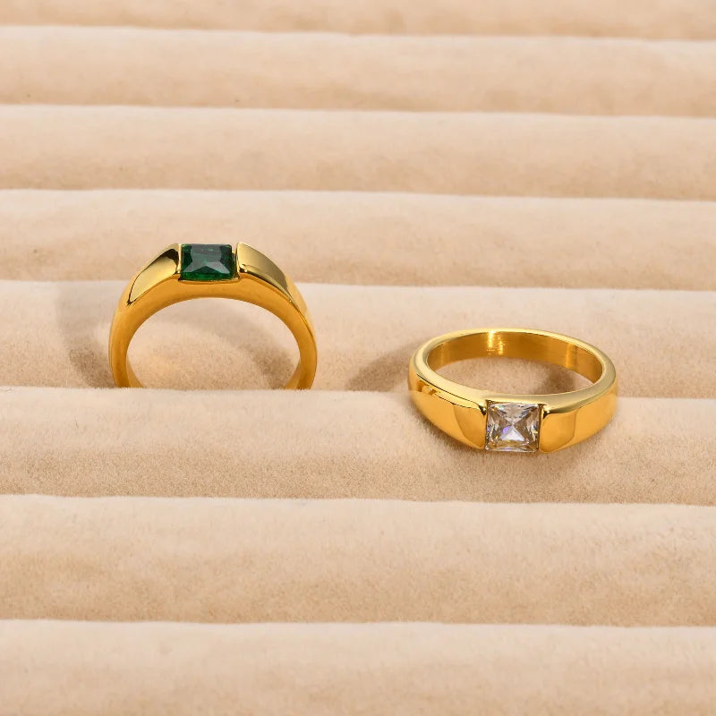 Wholesale Womens Jewelry Ladies Green Zircon Ring Gold Fashion Personality Simple Stainless Steel Cz Weeding Ring
