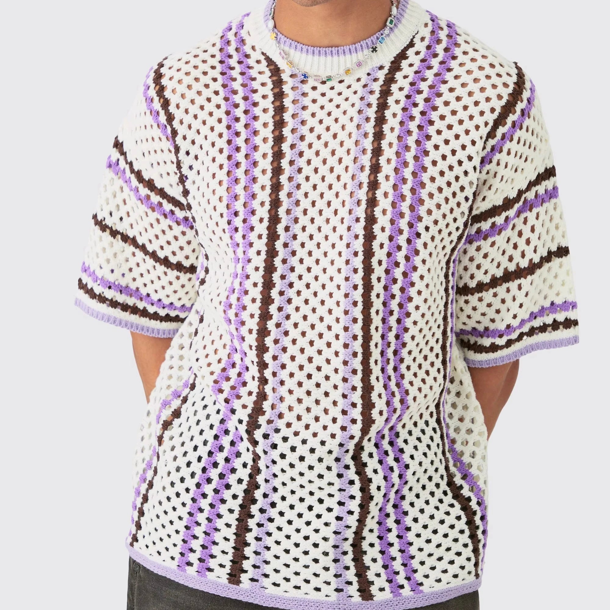 Custom Design logo Knitted  Striped Knitwear Short Sleeve Mesh Hollow Out Summer Beach Short Sleeve Cotton Crochet Men's T-shirt