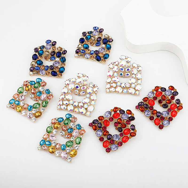 Wholesale Glass Geometric Big Dangle Earrings Colorful Rhinestone Crystal Glass Square Stud Earrings Jewelry for Women