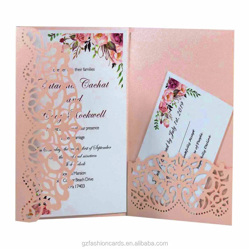 Laser Cut Pocket 18th Birthday Invitation Cards with RSVP Cards Wedding Invitation Card Wholesale Iridescent Paper MegaBDM