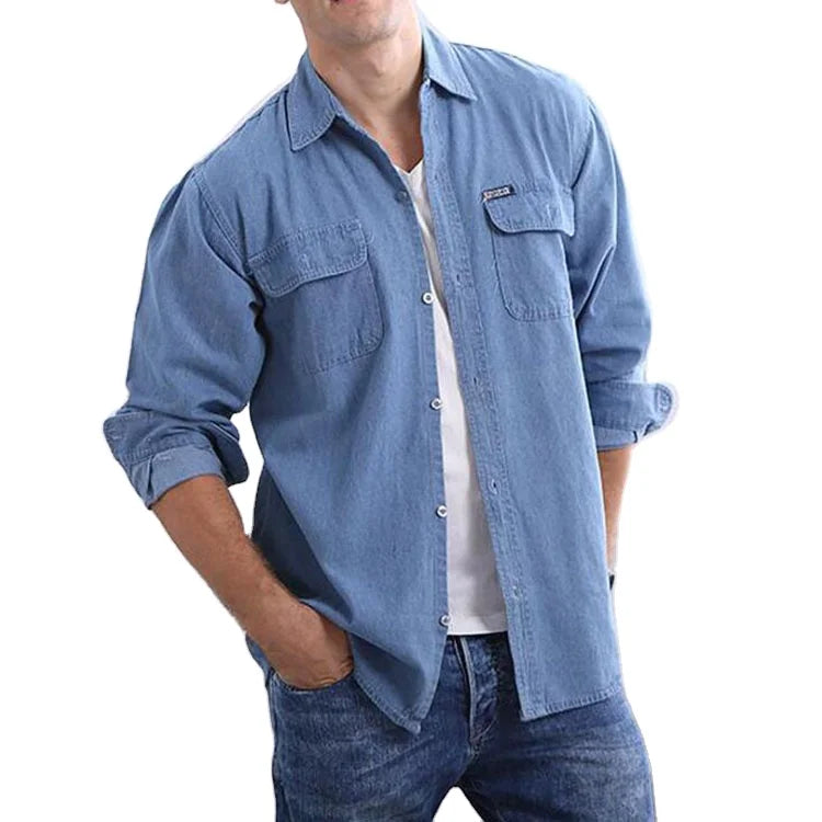 Autumn Men Denim Shirts Casual Cotton Denim Shirts With Two Pockets Daily Blue Shirt for Male