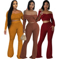 Women's Casual Autumn Winter 2-Piece Set Solid Color Knitted Tops Strapless High Waist Flared Pants Long Sleeve Shoulder-Off