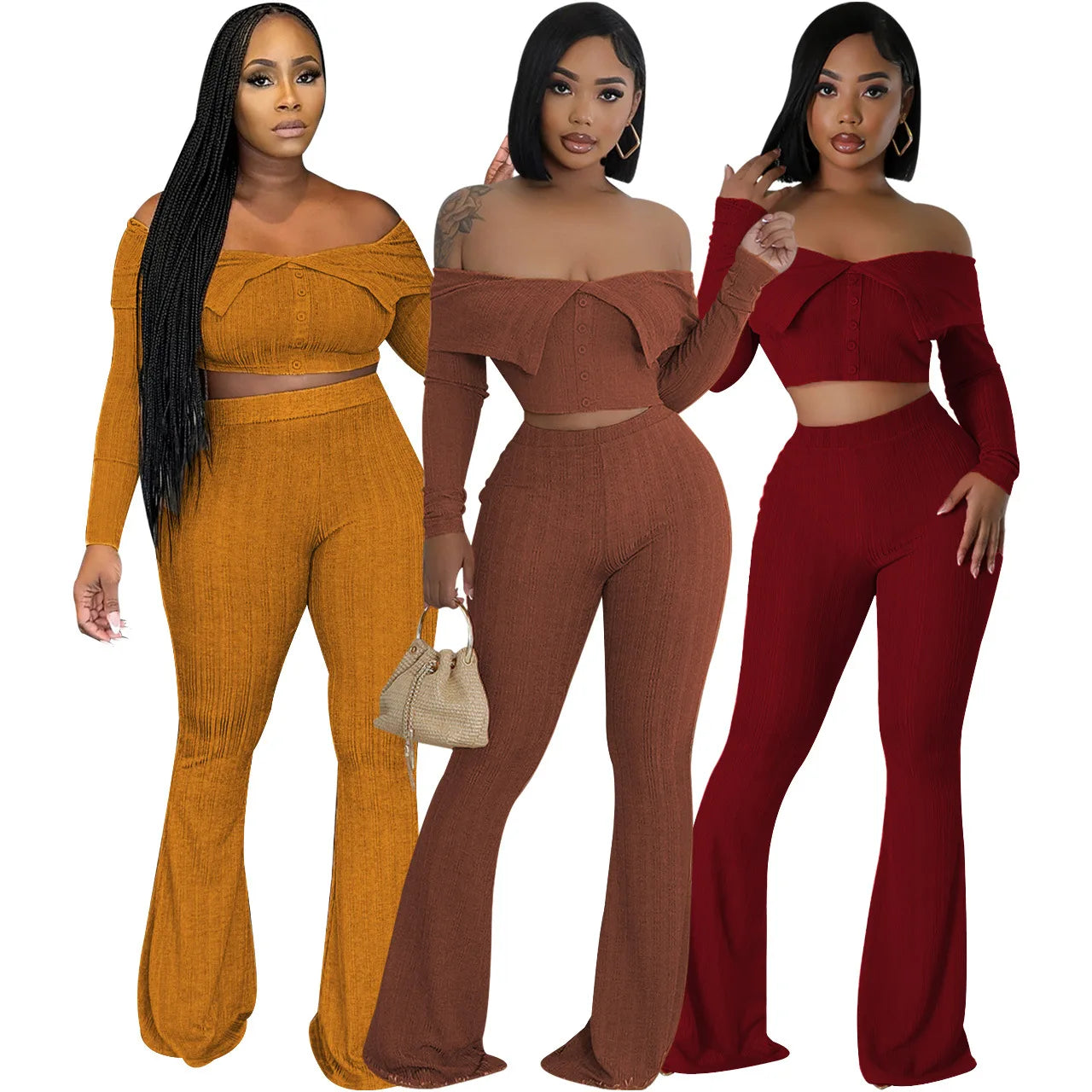 Women's Casual Autumn Winter 2-Piece Set Solid Color Knitted Tops Strapless High Waist Flared Pants Long Sleeve Shoulder-Off