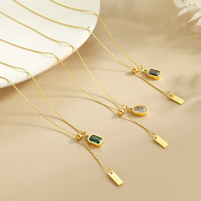 New Fashionable Light Luxury Retro Square Zircon Stainless Steel Gold Pendant Necklace Minimally Exquisite Temperament Chain