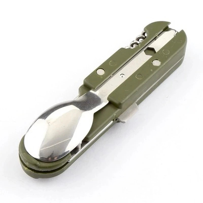 Outdoor Portable 5 in 1 Folding Camping Utensil Detachable Tableware Fork Spoon Bottle Opener Stainless Steel Cutlery Set