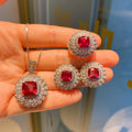 Luxury European Style Rose Red Cubic Zircon Ring Earrings Necklace White Crystal Jewelry Set