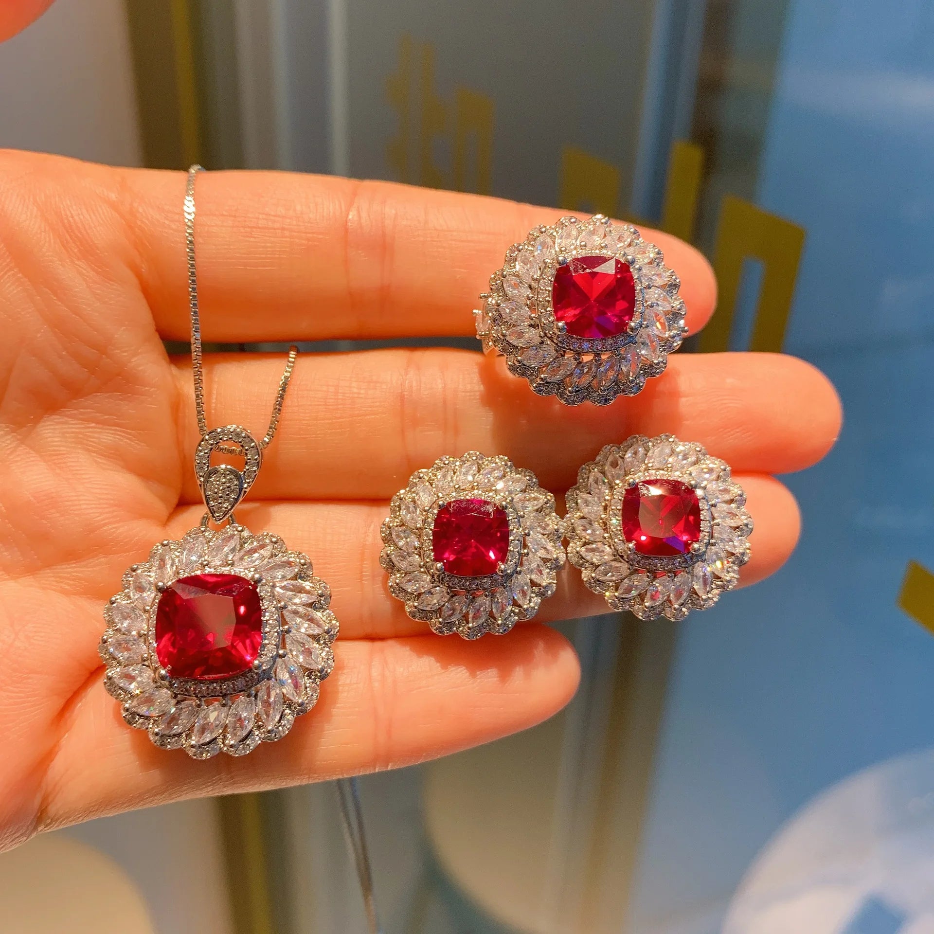 Luxury European Style Rose Red Cubic Zircon Ring Earrings Necklace White Crystal Jewelry Set