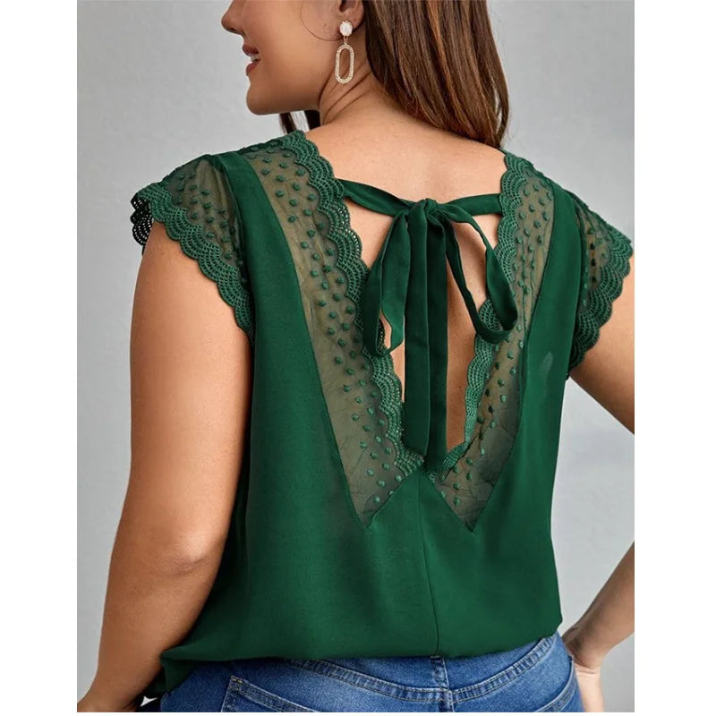 2023 Hot Selling  French Plus Size Women Clothing Green Chiffon Tie Backless Contrast Mesh Scallop Blouse With Butterfly Sleeve