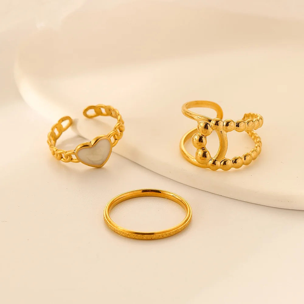 Bulk Waterproof Chic Eternity Stainless Steel Gold Plate Rings 3pcs Set Heart Open Cuff Jewelry