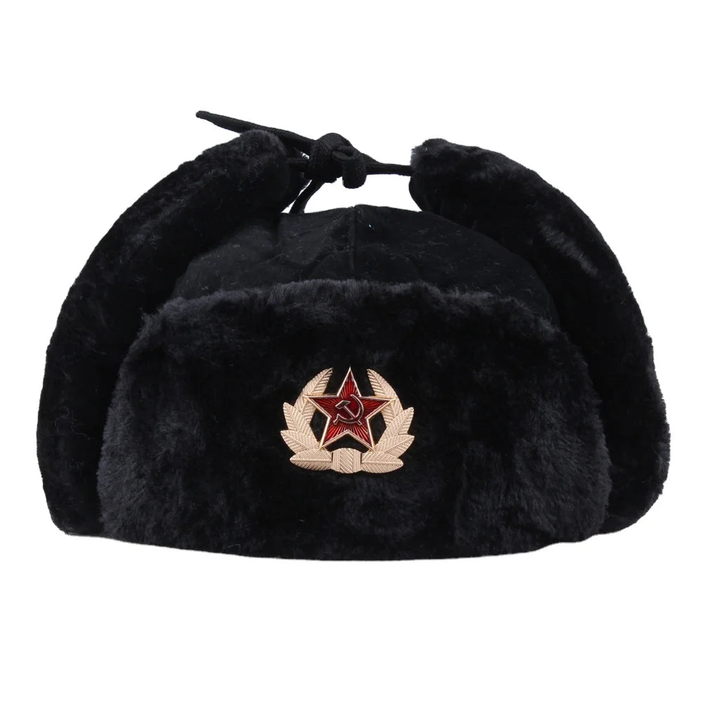 logo custom Waterproof Russian Soviet Hats Artificial Rabbit Fur Ushanka Winter Cold Weather Hat for Men With Soviet Red Star