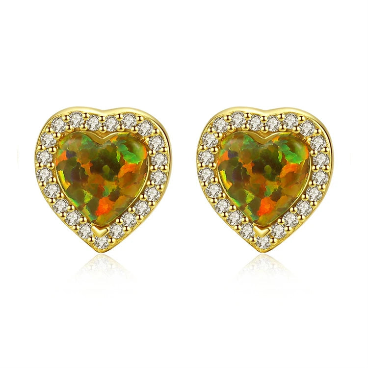 Fine Jewelry 925 Sterling Silver Love Heart Shape Natural Opal Stud Earrings for Women