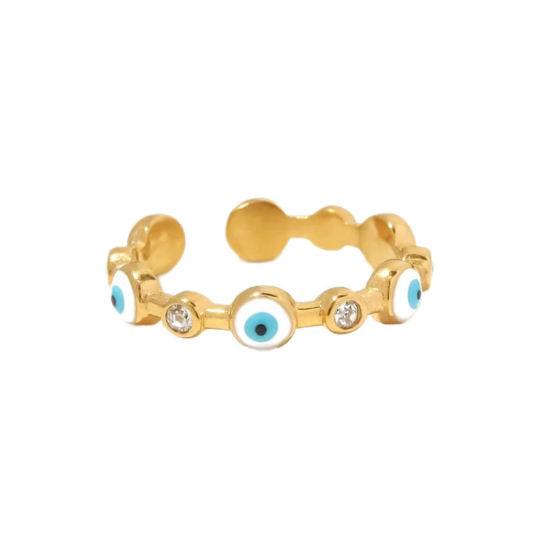 Cute 18K Gold Stainless Steel Cubic Zirconia Blue Evil Eyes Adjustable Ring Opening Evil Eye Tarnish Free Rings for Women