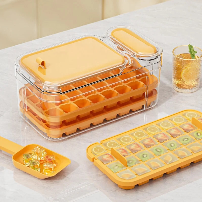 NEW ARRIVAL Double Layers 64pcs Wholesale Custom Durable Ice Cube Tray with Lid and Bin Ice Mold Maker with Mini Ice Scoop