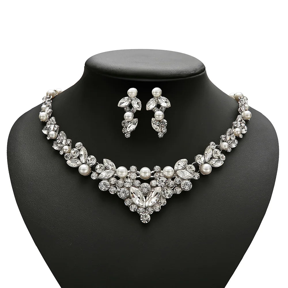CH023 Hot Selling Bridal Jewelry Set Pearls Necklace Earrings Set Women Rhinestones Jewelry Set