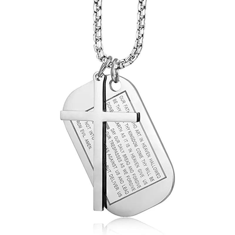 Stainless Steel Dog Tag Cross Necklace Pendants Black Silver Men's English Bible Tag Pendant with Immanuel Cross Chain Necklace