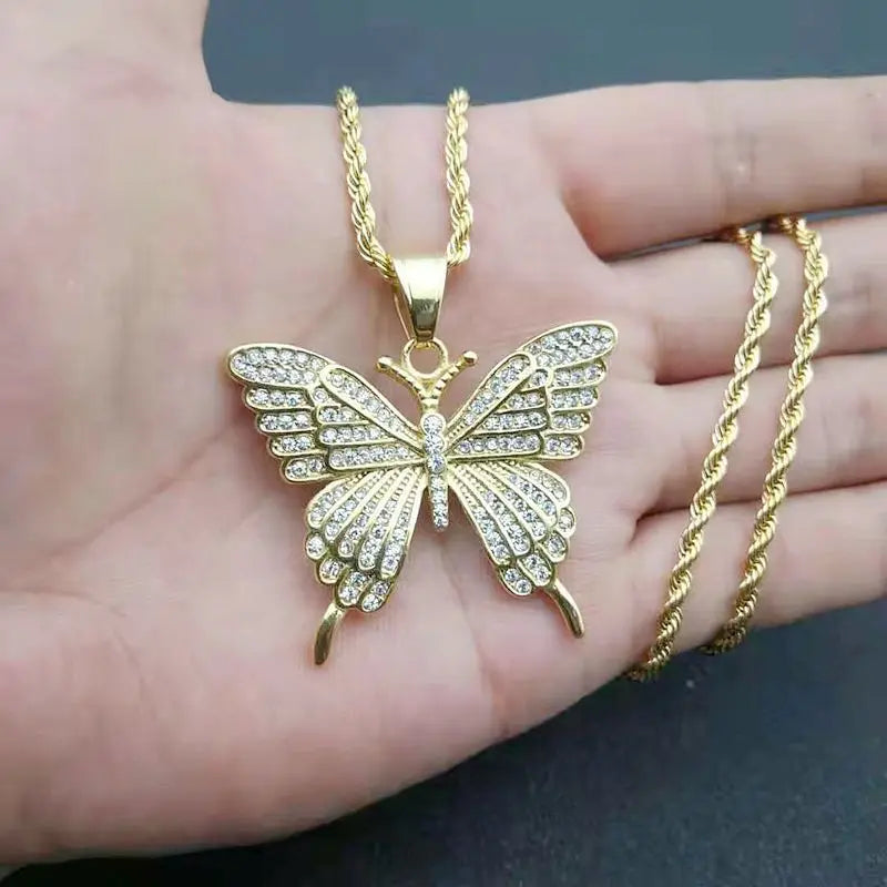 Collares De Mariposa Men Women Crystal Rhinestone Bling Iced Out Pendant Hip Hop Jewelry Stainless Steel butterfly Necklace