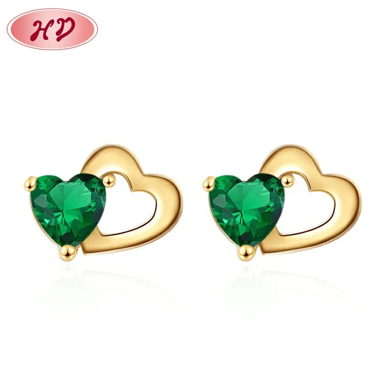 18k Laminated Gold Wholesale Micro Pave Green Cubic Zirconias Heart Shaped Women Stud Earring Gift Jewelry