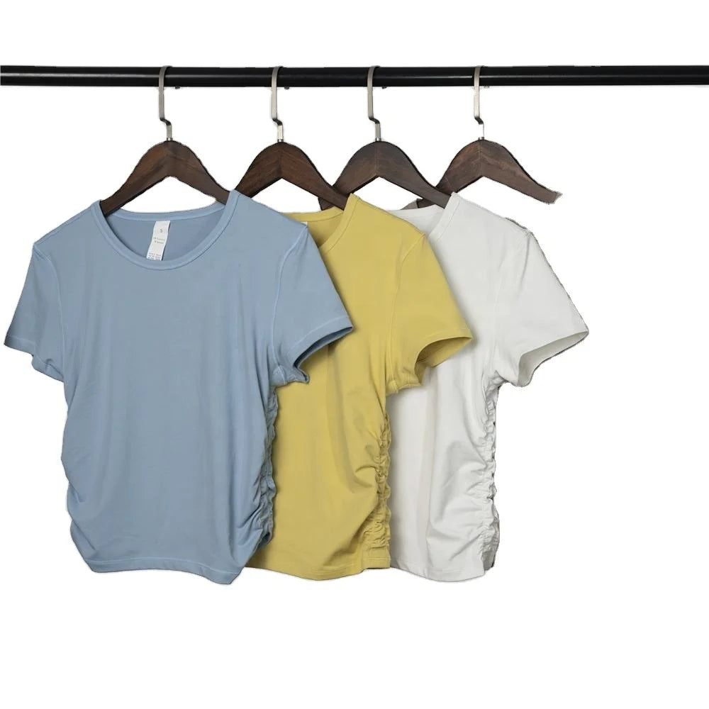 Summer Hot Short Slim T-shirt Side Waist Fold Elastic Design T-shirt Casual Custom Logo Women's T-shirt