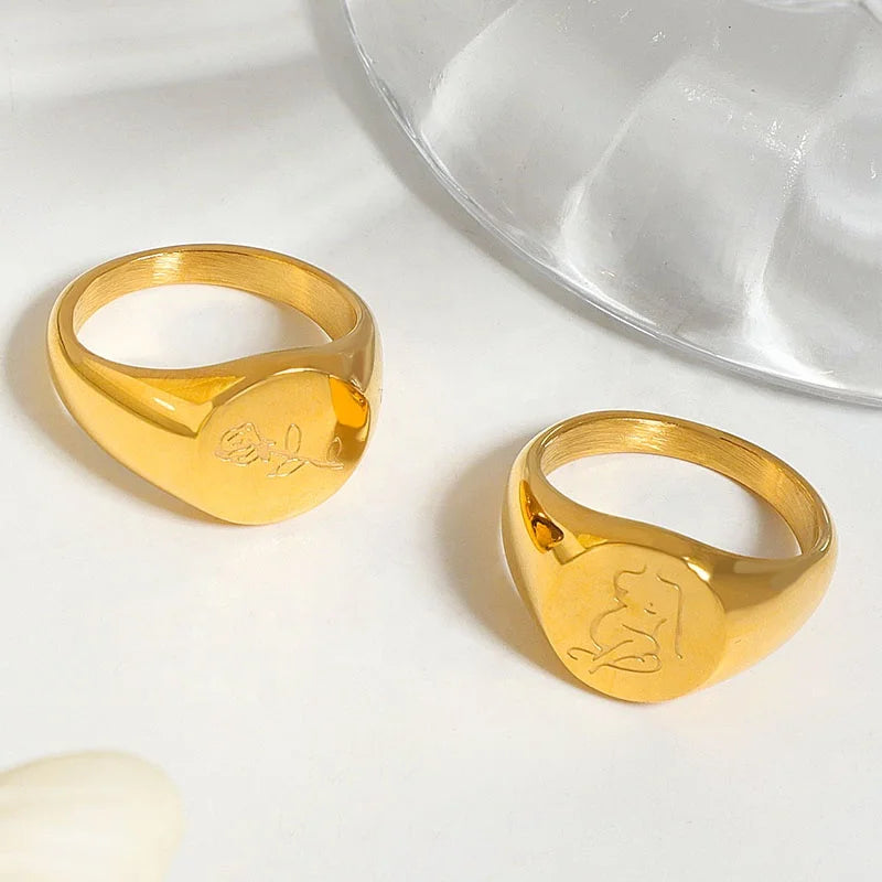 Wholesale Custom 18K Gold Plated Stainless Steel Women Body Figure Rose Flower Signet Rings for Women