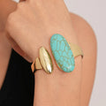2025 New Arrival Retro Artificial Turquoise Oval Opening Elastic Bracelet 18k Gold Plated Turquoise Stone Green Cuff Bangles