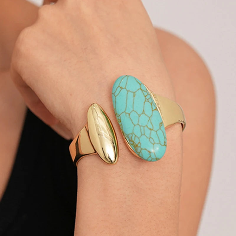 2025 New Arrival Retro Artificial Turquoise Oval Opening Elastic Bracelet 18k Gold Plated Turquoise Stone Green Cuff Bangles