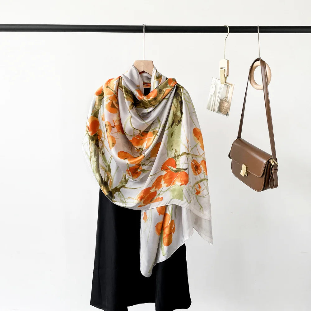 Yiwu Jingtai Ladies  Fashion Orange Fruit  Print Silk Neck Scarf Luxury Long Narrow Fruits