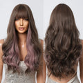 Factory Wholesale Brown Synthetic Wig With Purple Highlights Colored Cosplay Party Hair Long Wavy Wigs With Bangs