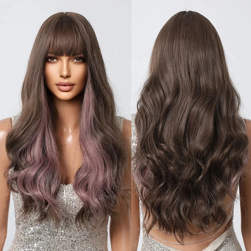 Factory Wholesale Brown Synthetic Wig With Purple Highlights Colored Cosplay Party Hair Long Wavy Wigs With Bangs