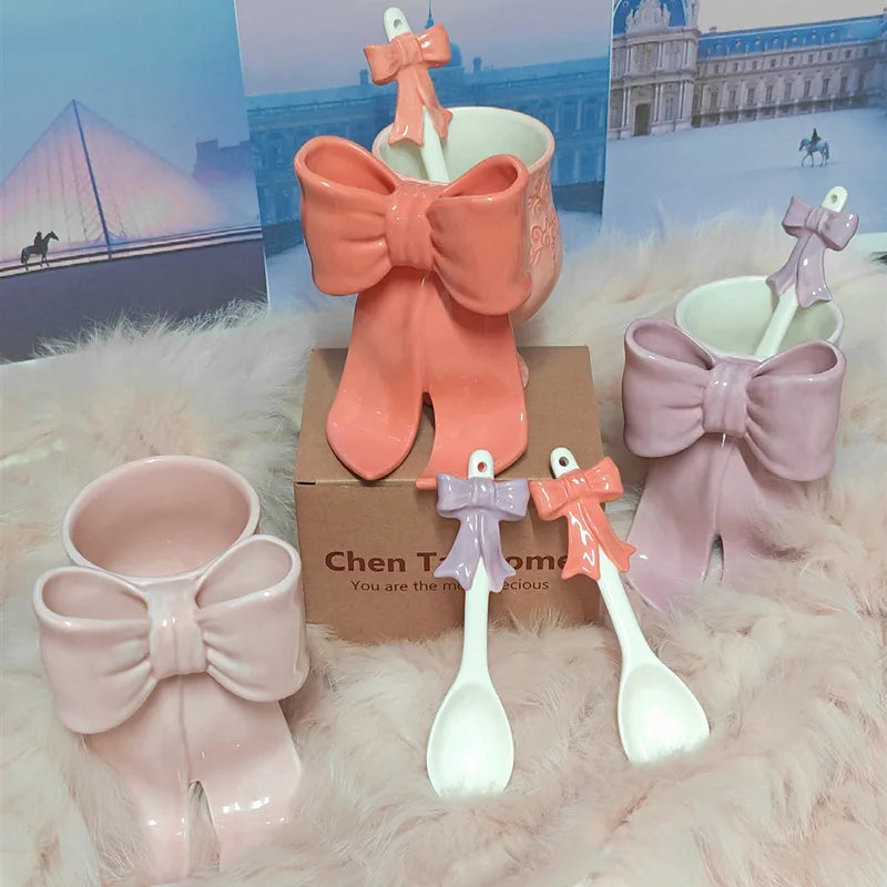 Creative Bow Shape Coffee Mug Lovely 3D Ceramic Bowknot Milk Mug with Spoon for Valentines Day Gift