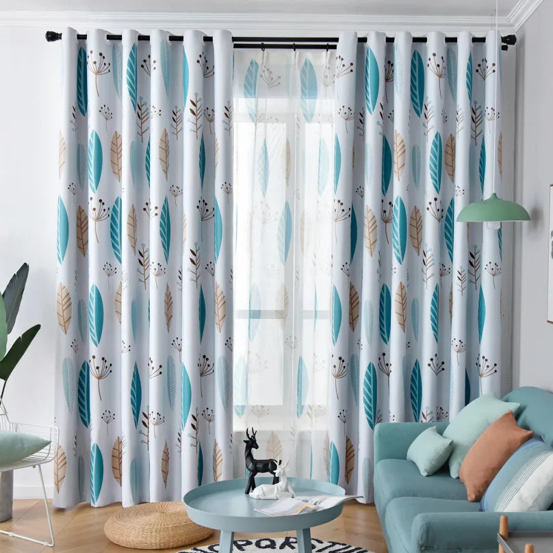 Nordic Simple Modern Style Printed Leaf Sheer Blackout Buckle/Tube Curtains Customizable Color Machine Washable High Shading