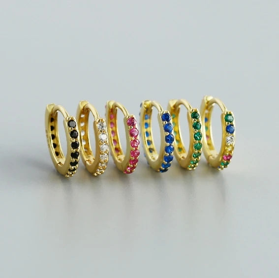 Simple 18K Gold Plated 925 Sterling Silver Colorful Round CZ Pave Hoop Earrings for Women
