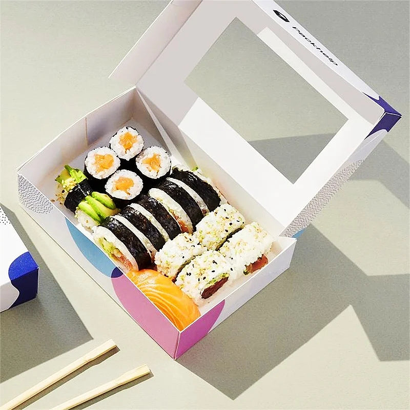 New Arrival Custom Eco-friendly White Cardboard Sushi Takeout Box with UV Advantage Fast Food Pizza Box Stamping Foil Catering