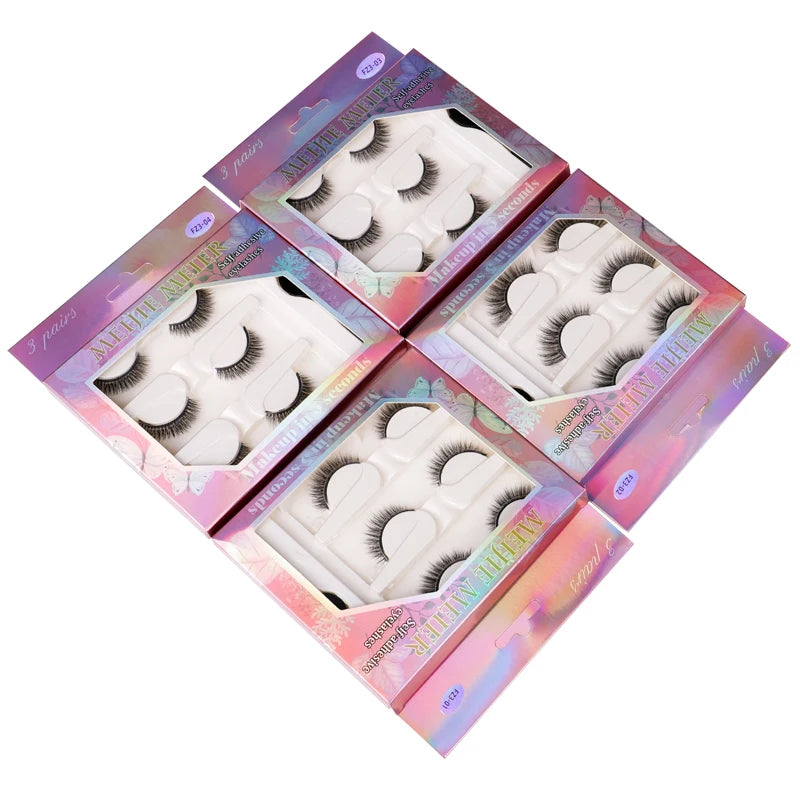 Hot Selling 3D Layered for Self-Adhesive Reusable Durable Plastic False Eyelashes Softer Thinner Band Glue-Free 3-Pair