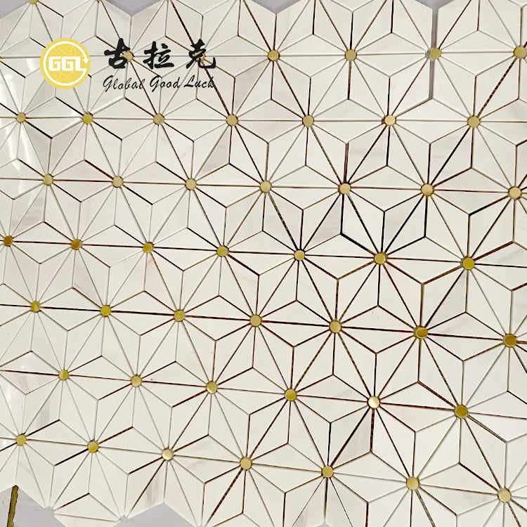 Modern Design Brass White Marble Triangle Pattern Floor Wall Mosaic Tiles 10mm Thickness Parquet for Interior Villa Walls