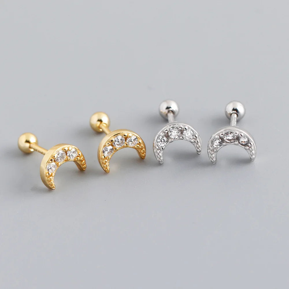 Cute Design 925 Sterling Silver Zircon Moon Screw Stud Earrings S925 Girl Women