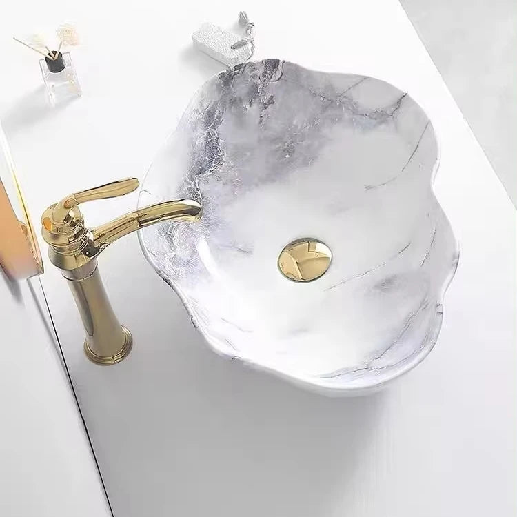 Meiyani  2024 European Style Flower Shape Countertop Basin Ceramic Marble Washbasin Marble Bathroom Sinks Art Wash Basin