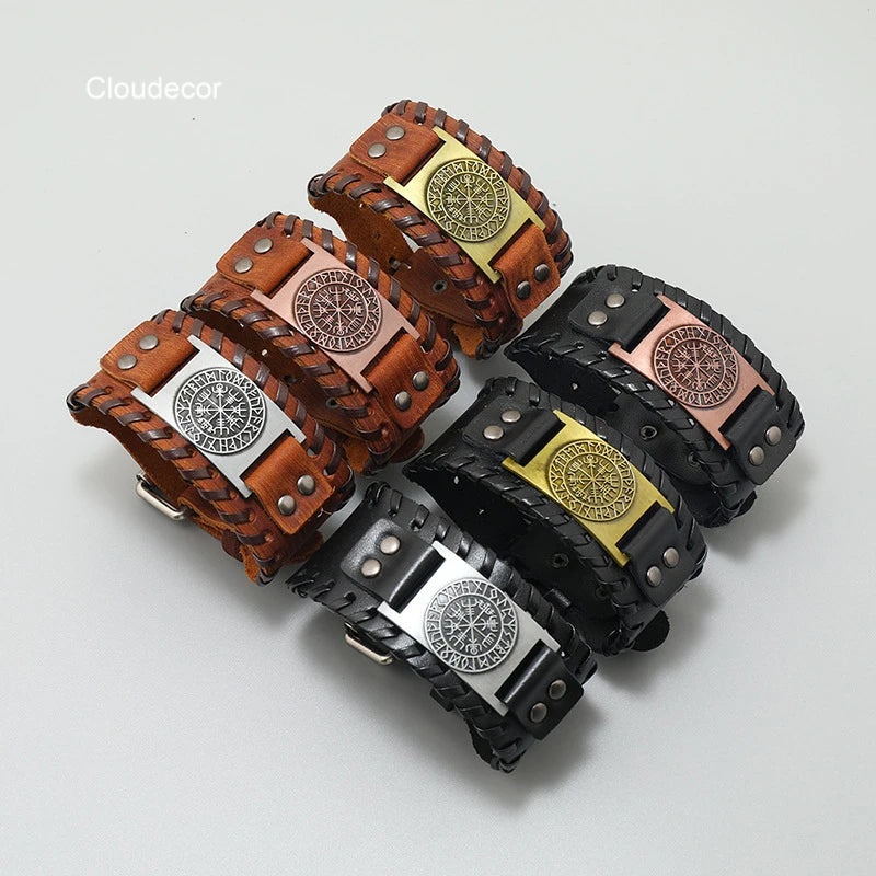 Viking Cowhide Compass Charm Bracelet Handmade Vintage Bronze Bangle Woven Genuine Leather Bracelet Engravable for Men