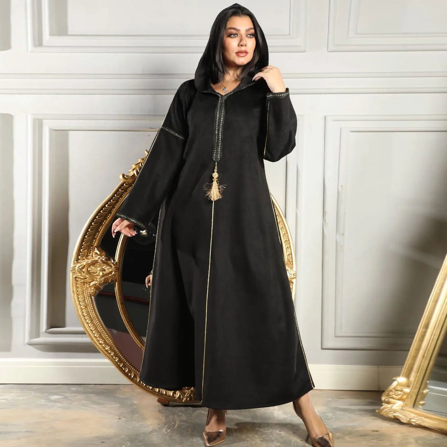 Winter Wear Muslim Deerskin Fleece Fashion Arabian Dress Long Tassel Hooded Robe Women  Abaya Dubai Turkey Abaya