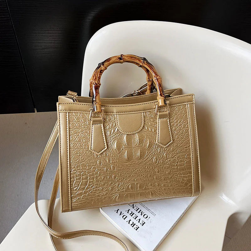 Custom Wooden Handle Handbags Women Fashion Shoulder Pu Bag Alligator Pu Leather Small Ladies Tote Hand Bags
