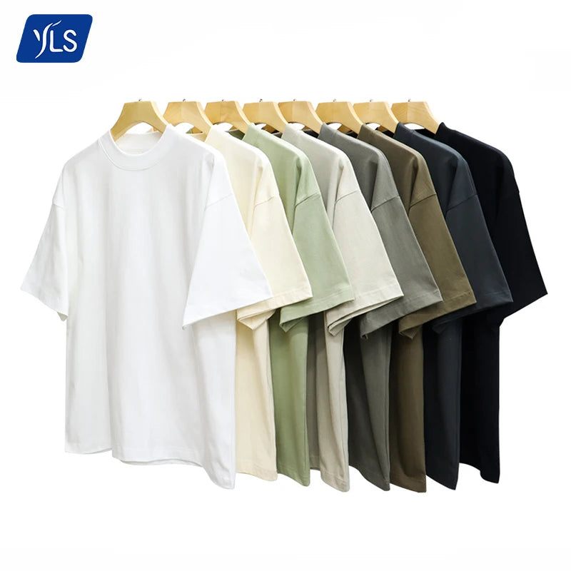 YLS Heavy Weight Wide Neck High Collar Pure Cotton 245GSM Oversized Drop Shoulder T-shirt Men Logo High Street Tshirt