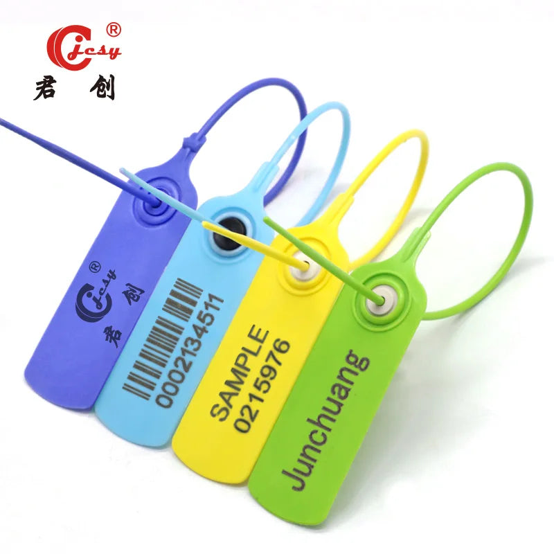 JCPS005 Custom Free Printed Plastic Seal Pull Tight Tamper Proof Plastic Seal Tag for Clothing Shoes Boxes Logistics