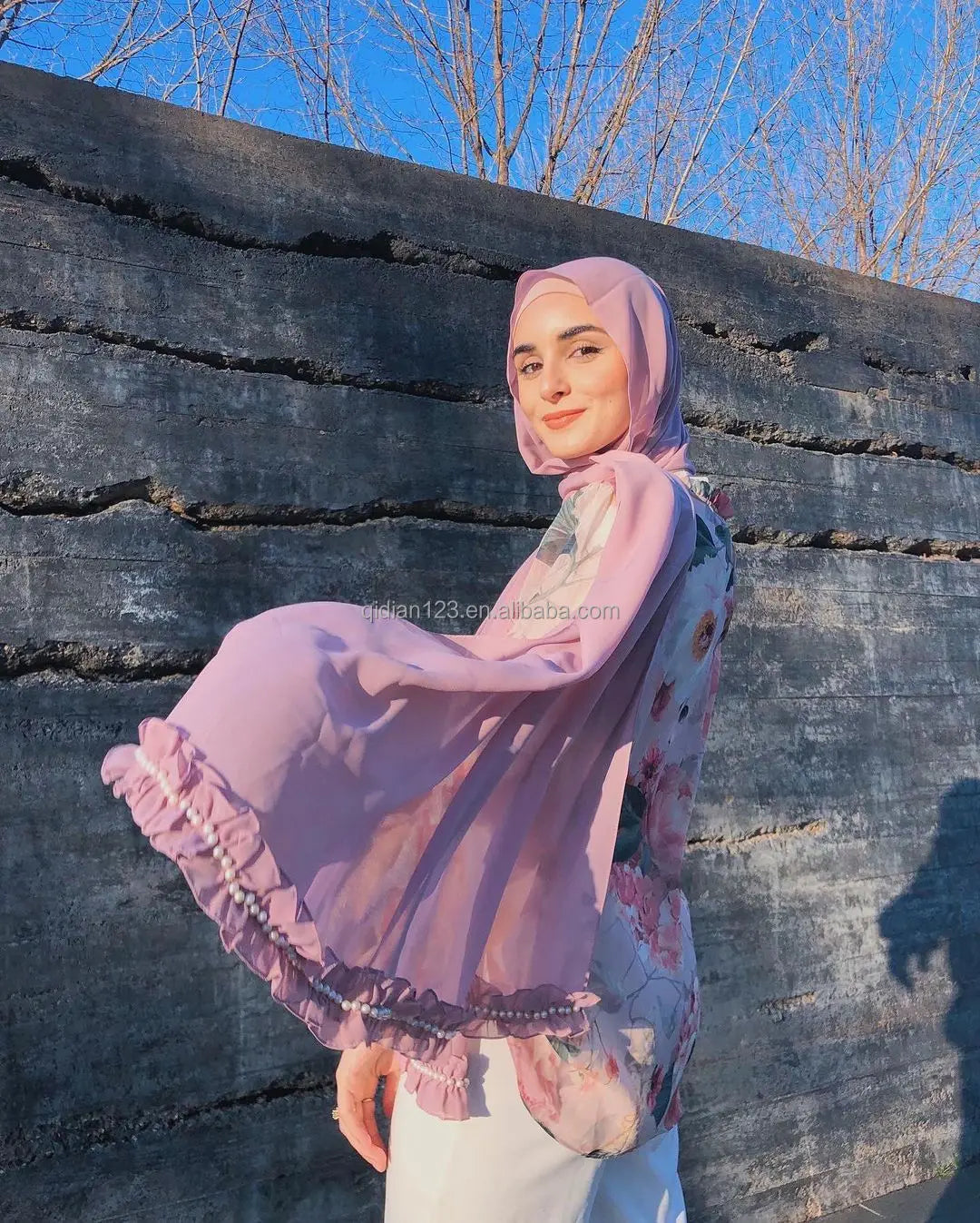 Luxury Chiffon Hijabs  Ruffle Hijab  Plain Chiffon Scarf Muslim Shawls Chiffon Ruffle Hijab With Beads