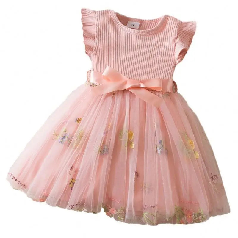 2025 Spring Summer New Girls' Dress Korean Style Sleeve Flower Embroidery Mesh Princess Cotton Birthday Dress