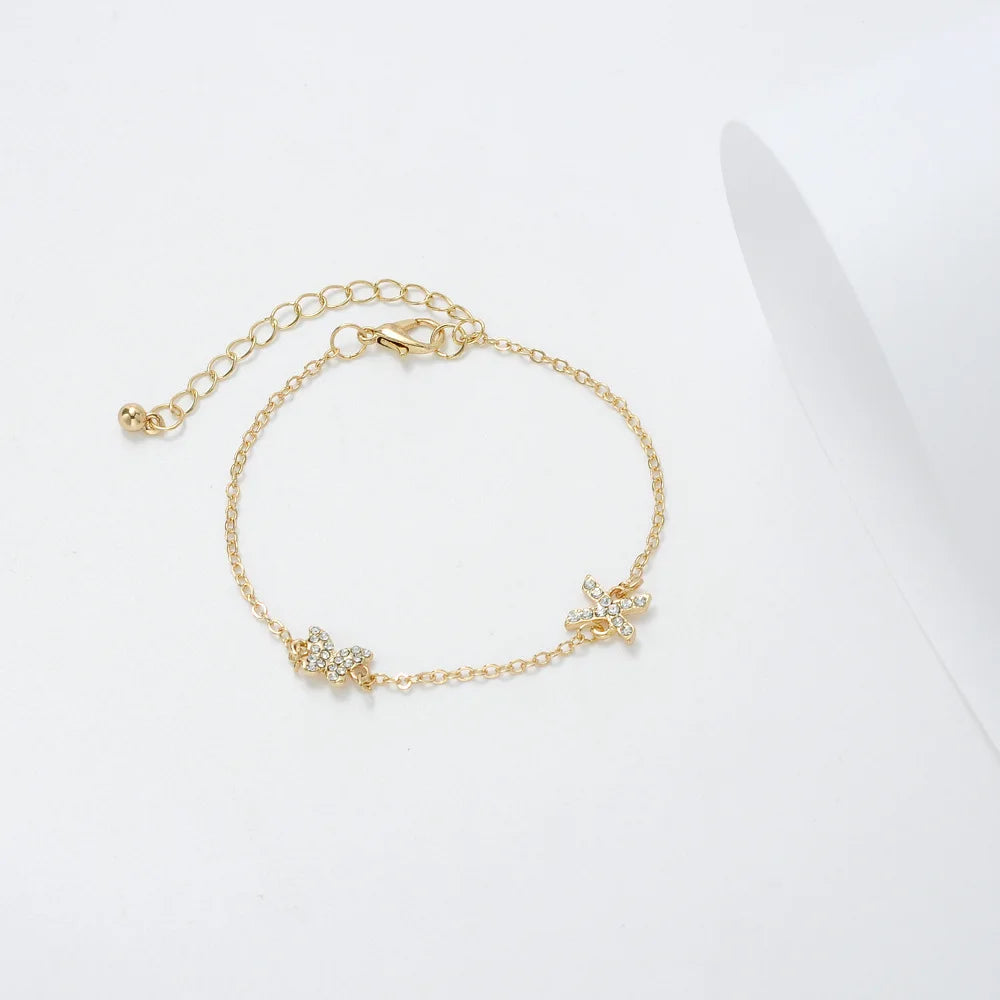 New Arrival Cubic Zirconia Letter X Charm Bracelet Adjustable 18K Gold Butterfly Bracelet for Women