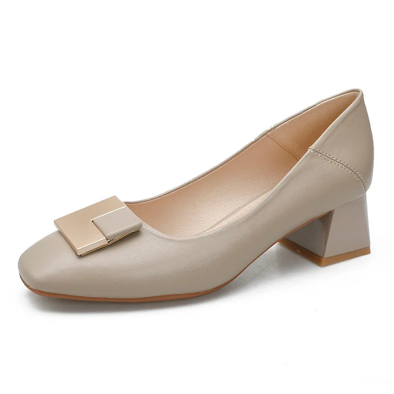Square Toe Chunky Heels High Heels Spring New Mid-heeled Women's Single Shoes Shallow Soft Leather All-match Gentle Four Seasons