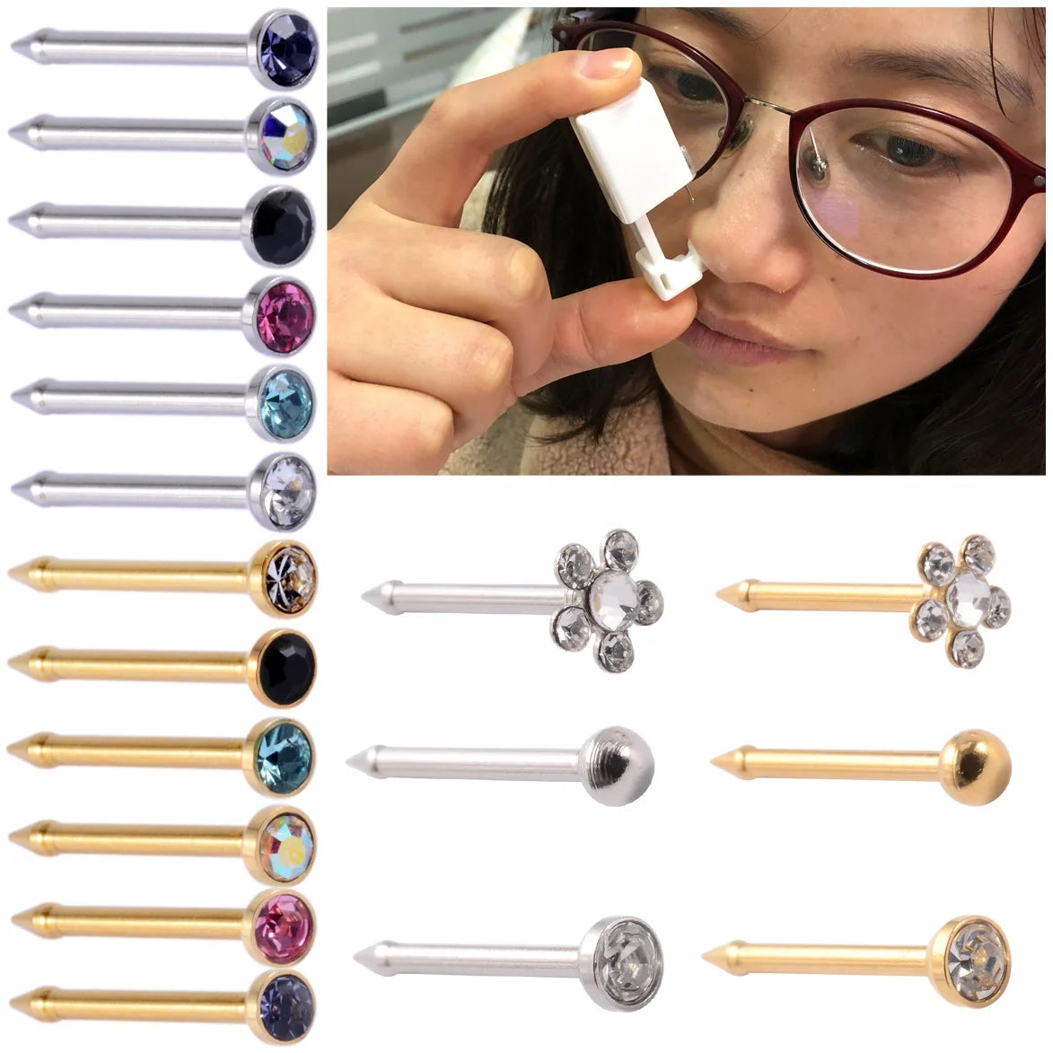 24pcs/Box Disposable Safe Nose Piercing Kit 316L Surgical Steel Sterilized 20G Body Punctures Stainless Steel Nose Studs Jewelry