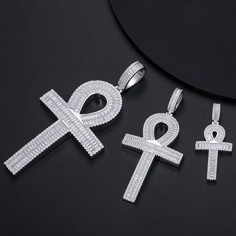 Fine Hip Hop Jewelry Mens 3 Size 925 Sterling Silver VVS Baguette Moissanite Diamond Iced Out Ankh Cross Pendant With Chain