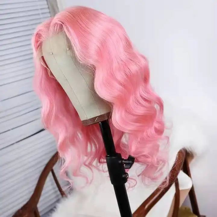 Pink Color Body Wave Brazilian Virgin Human Hair Transparent Lace Front Wigs for Black Women