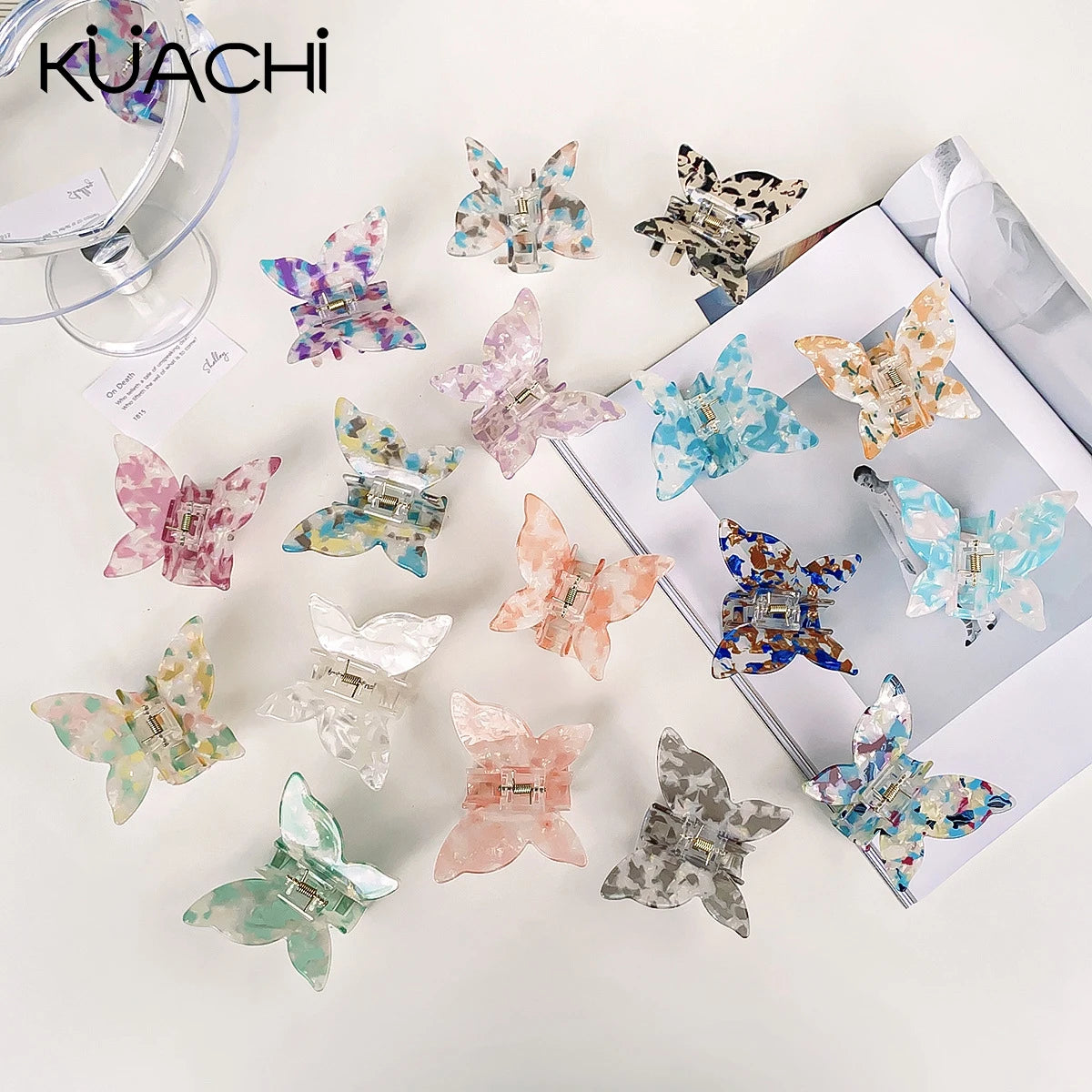 KUACHI Wholesale Korean Style Fantasy Butterfly Hair Claw Acetate Large Butterfly Custom Claw Clip