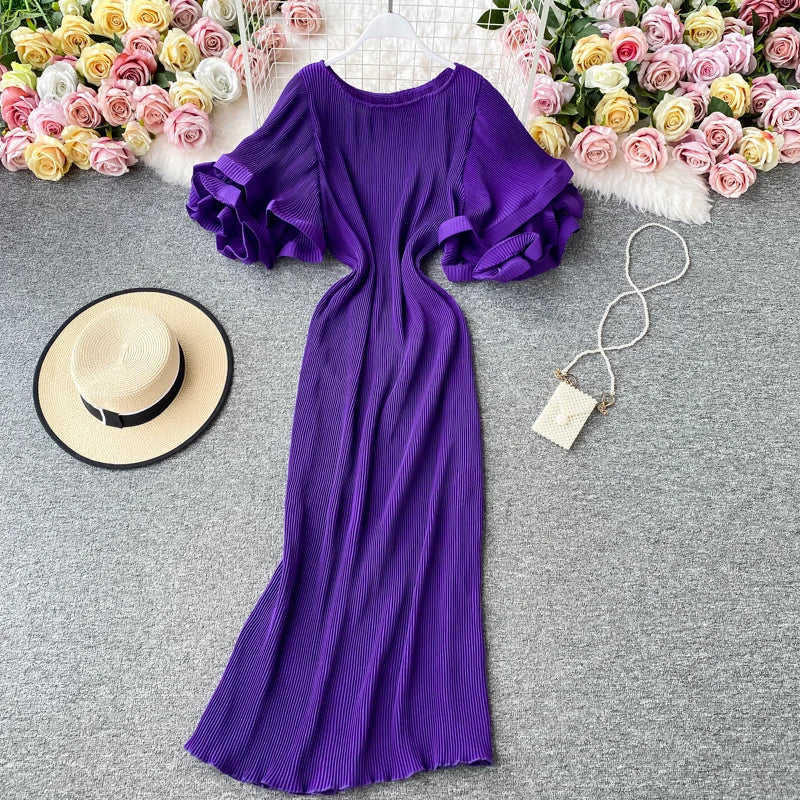 Wholesale 2026 Summer New French Bellflower Ruffled Big Trumpet Sleeve Pleated Temperament Dress
